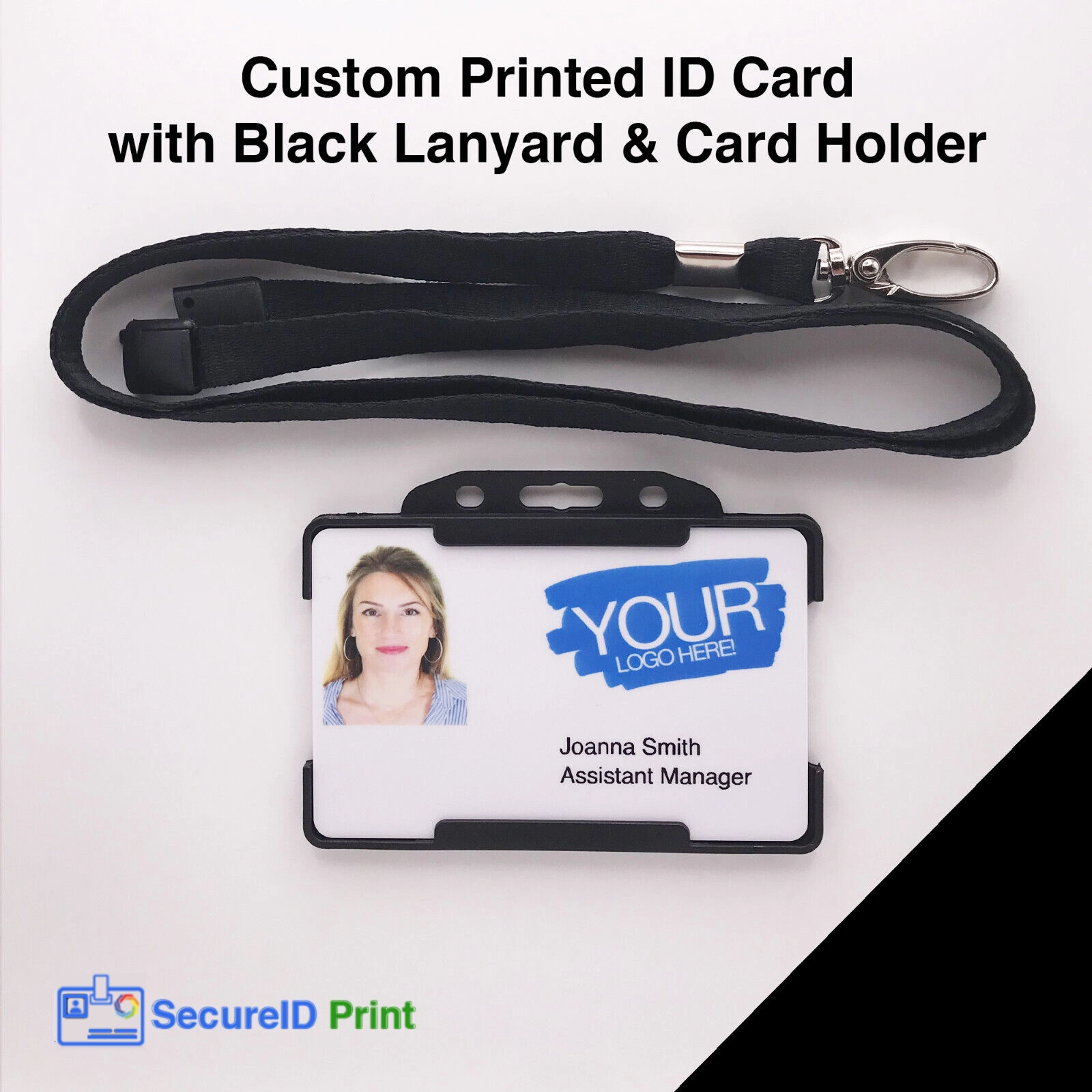 Custom printed ID card with black lanyard and card holder